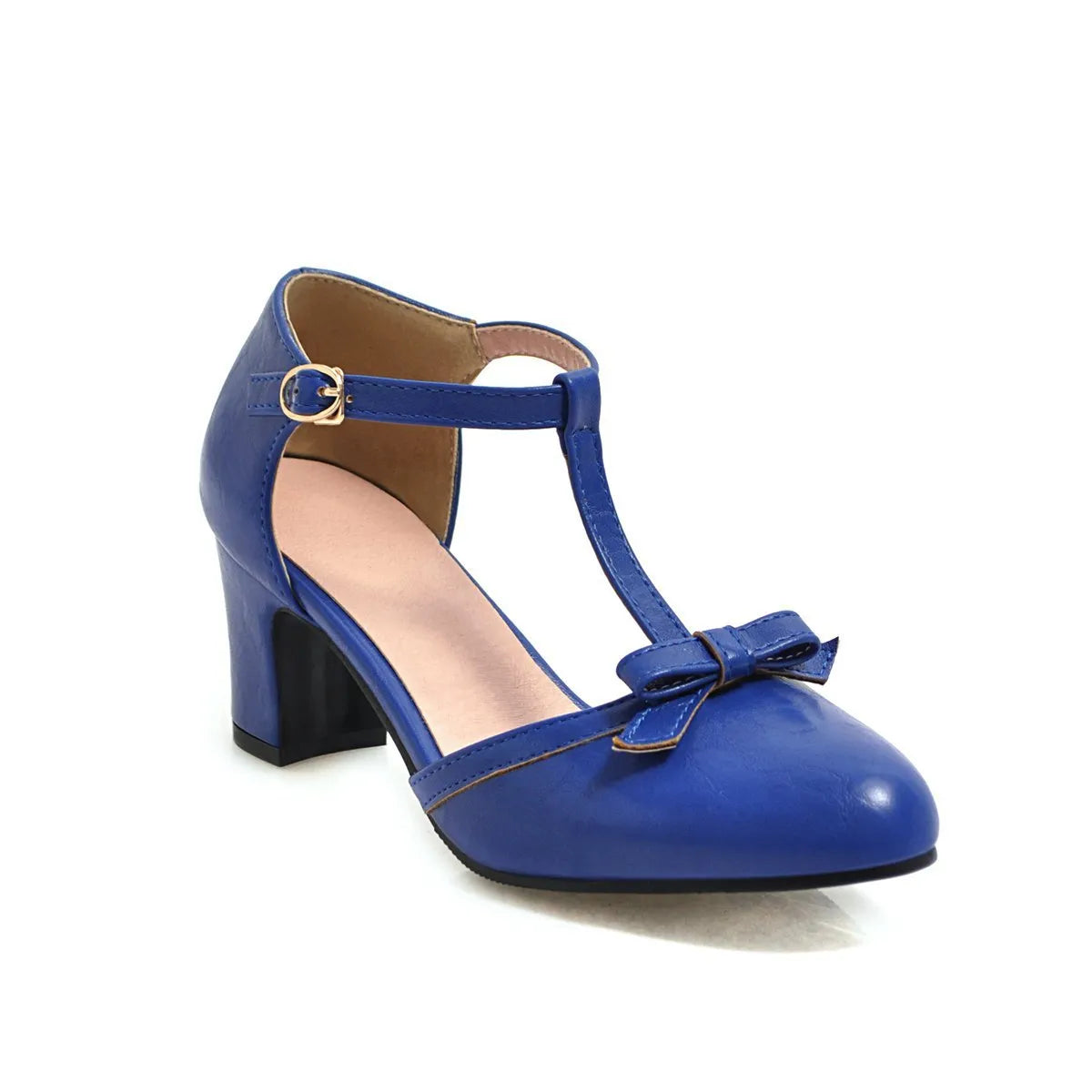 Women's apricot-coloured chunky heel sandals with a buckle strap and hollow-out round toe design.