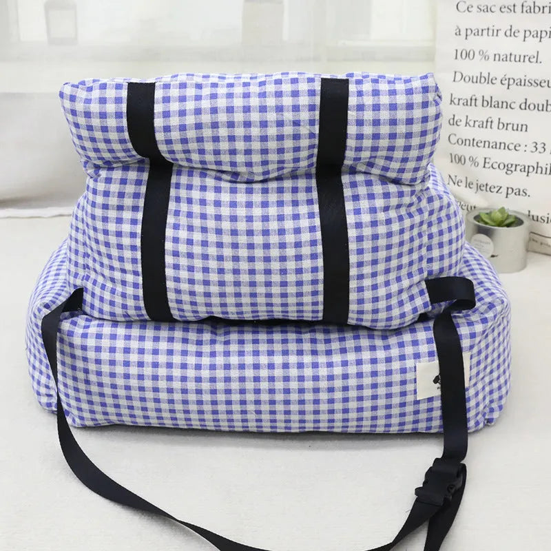 Grey and blue plaid car-mounted pet travel nest for dogs with stain-resistant cloth material