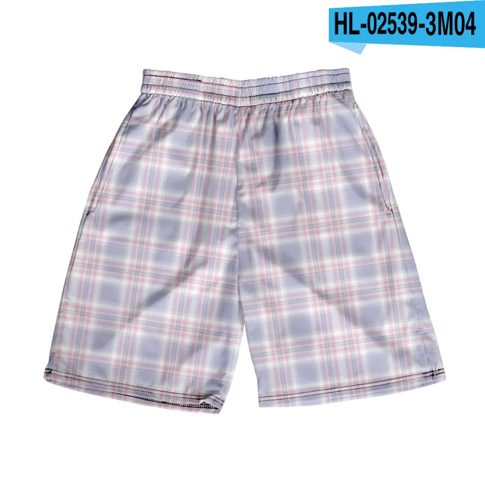 Man wearing plaid patterned polyester shorts with an elastic waistband, showcasing one of the twenty available colour options.