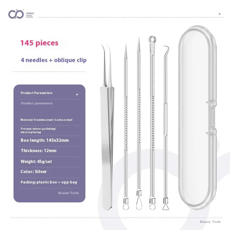 Four silver metal acne needles with pointed tips for skincare extraction.