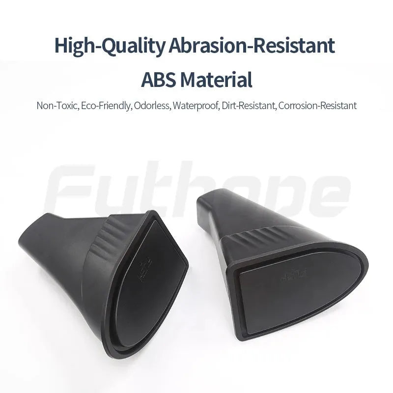 Black ABS plastic car door storage container set for Tesla Model Y front doors.