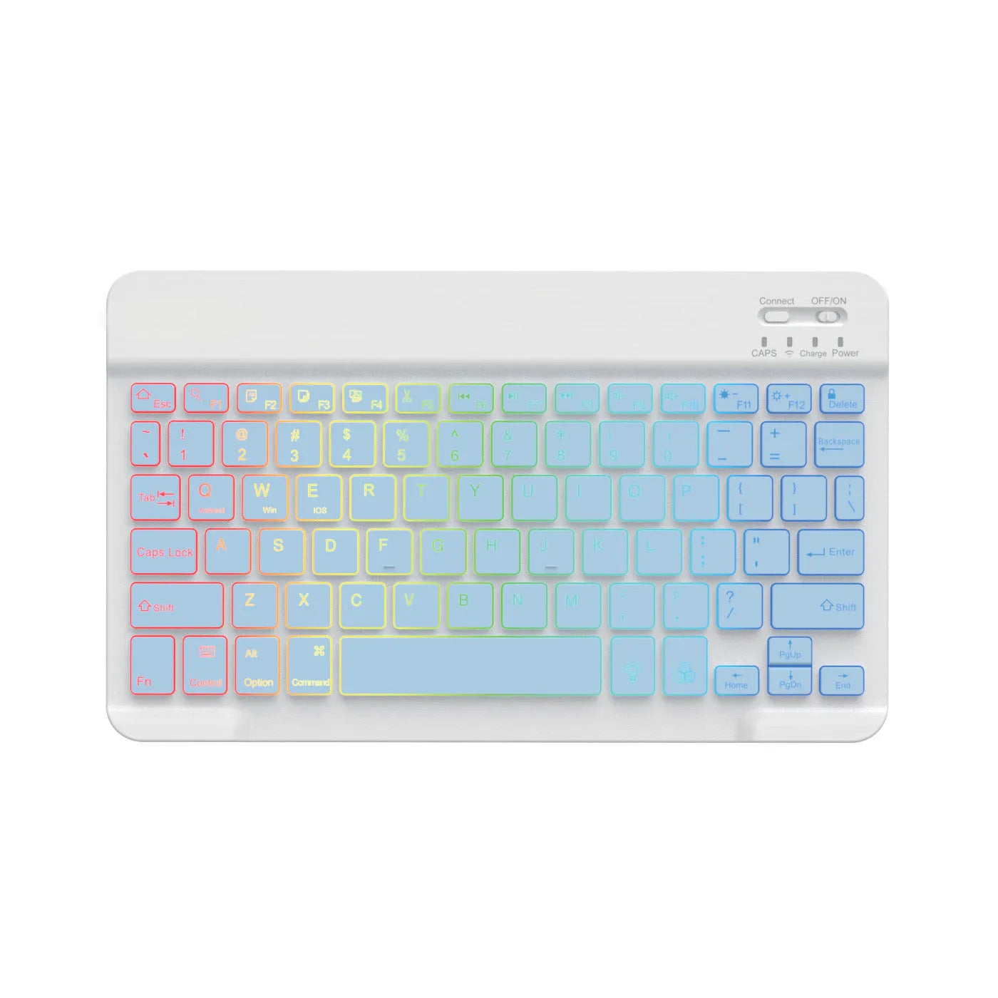 10-inch backlit Bluetooth keyboard for tablets showing eight colour options including black, white, pink, blue, green, purple, yellow, dark green