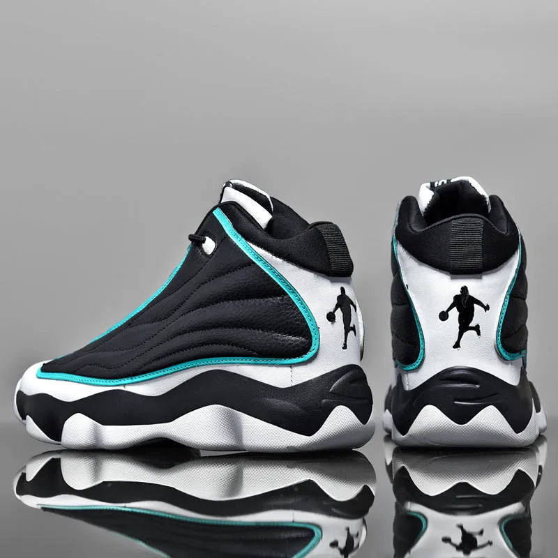 Men's high-top mesh basketball shoes in AJ13 white red colour with thick rubber sole.