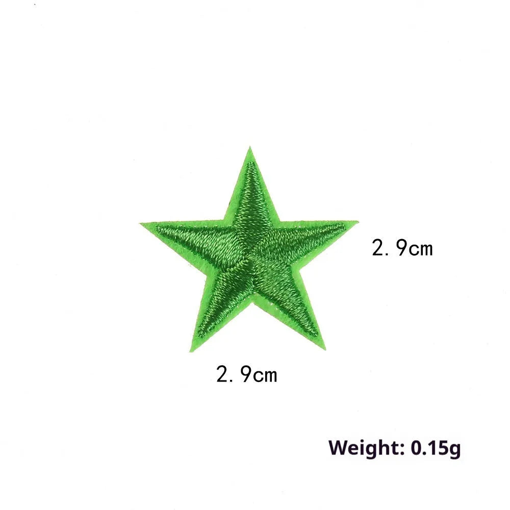 Colourful embroidered five-pointed star designs on cloth sticker labels for DIY clothing customisation.