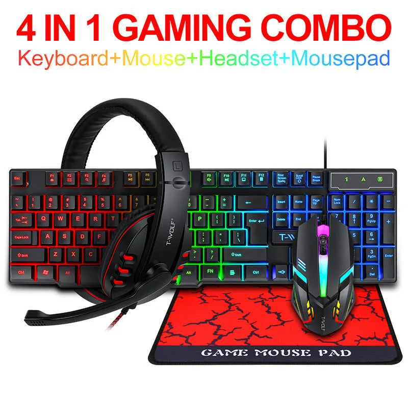 Thunder Wolf T800 wired computer peripheral bundle showing keyboard, mouse, headset, and mouse pad