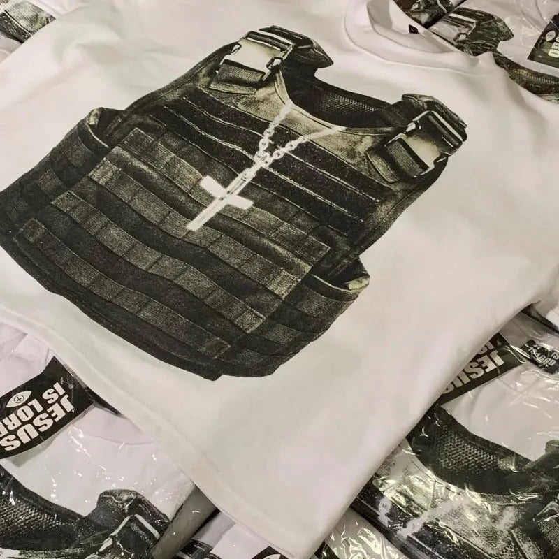 Retro style printed cotton short sleeve t-shirt with drop-shoulder sleeves on a neutral background.