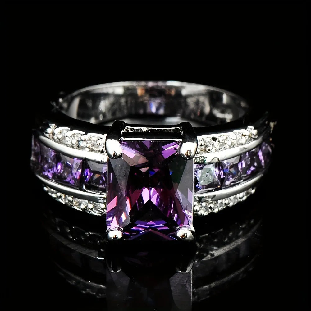 Three fashion ring designs: sunflower blue diamond, square blue zircon, and square purple zircon rings in zinc alloy