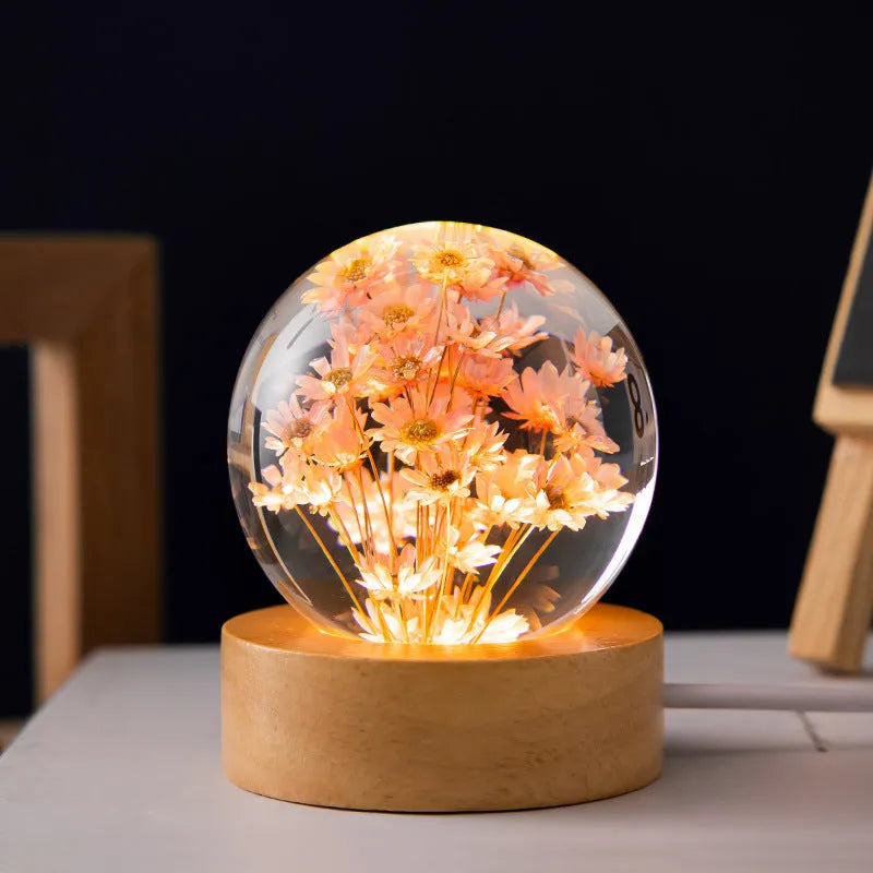 LED dandelion crystal ball night light on beech wood base, 60mm diameter