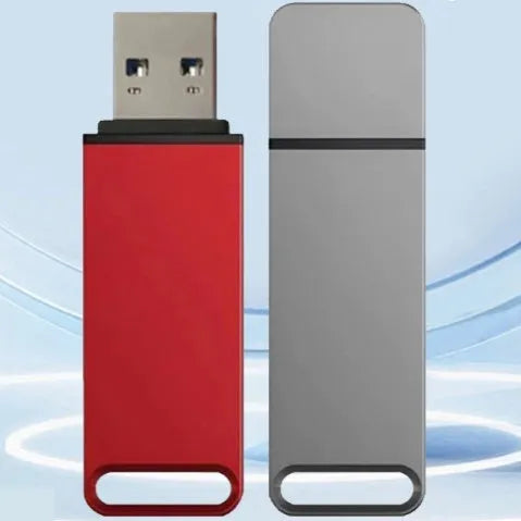 Metal USB flash drive in black, red, or silver colours with custom graphic option on casing