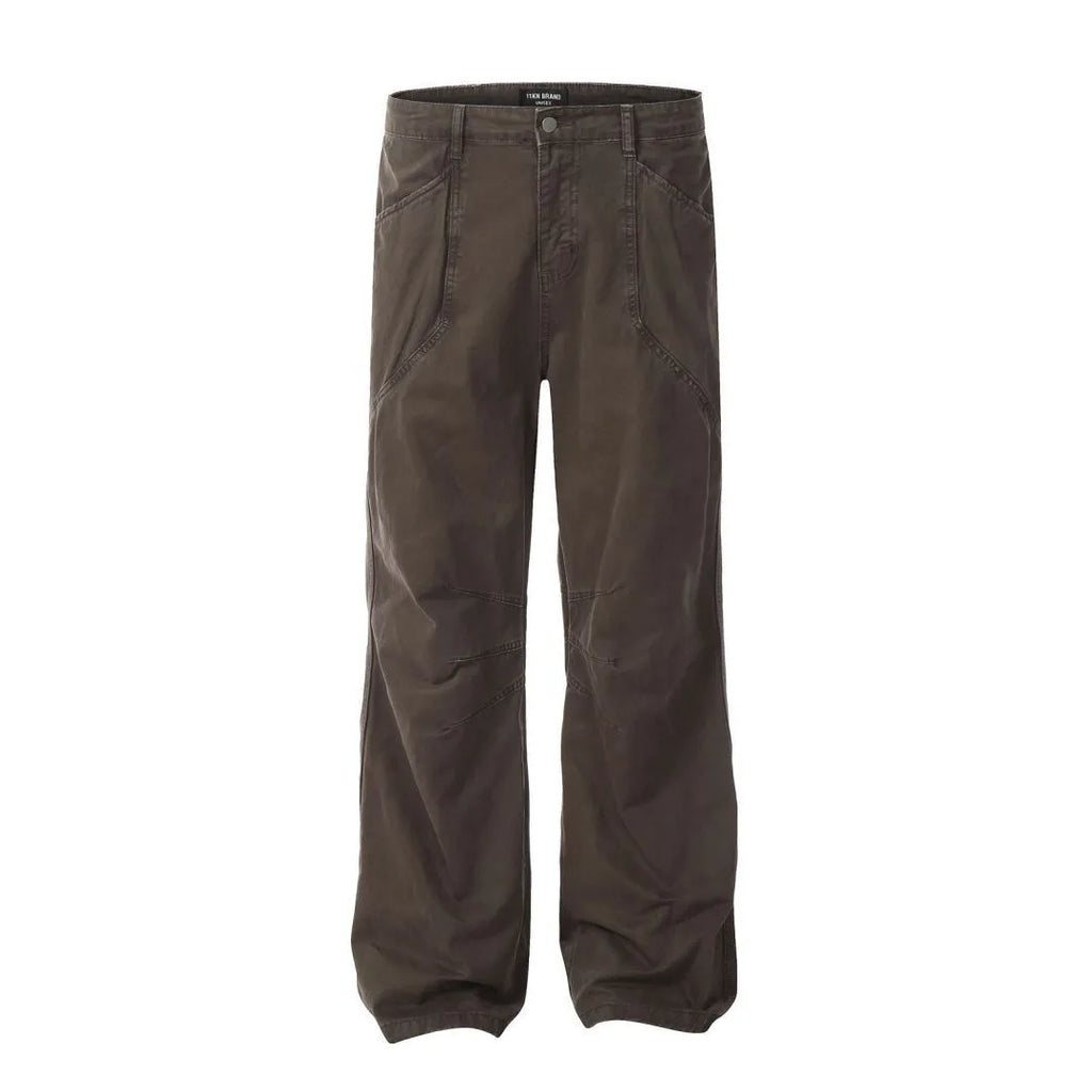 Men's brown loose fit straight leg trousers with high waist and zipper fly opening