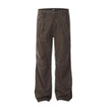 Men's brown loose fit straight leg trousers with high waist and zipper fly opening