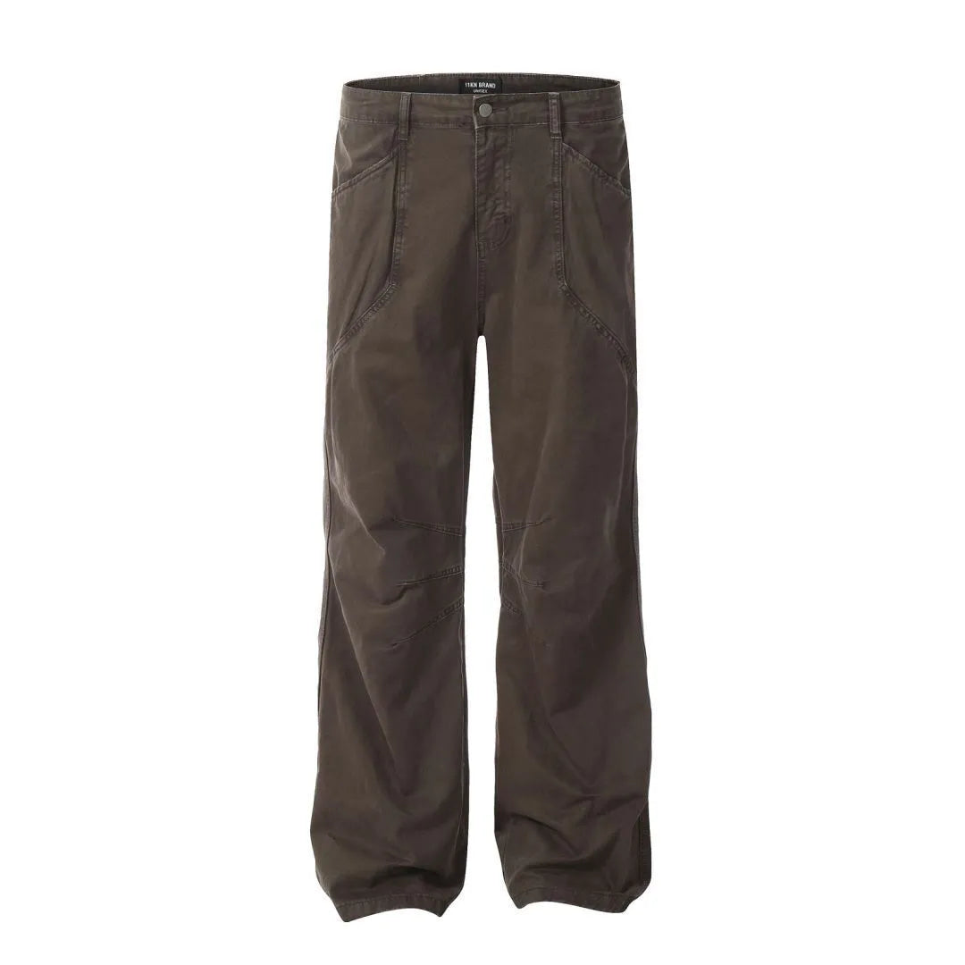 Men's brown loose fit straight leg trousers with high waist and zipper fly opening
