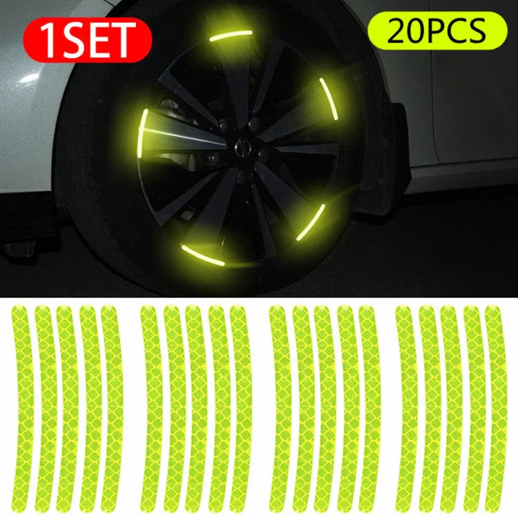 Pack of 20 multi-colour PVC reflective adhesive strips for car wheel hubs.
