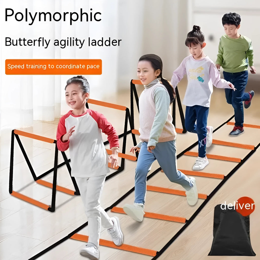 Plastic children's butterfly agility ladder and jump grid fitness equipment set on grass.