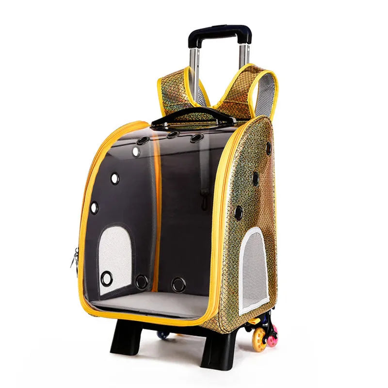 Transparent pet trolley bag for small dogs with foldable shoulder design and Oxford cloth construction