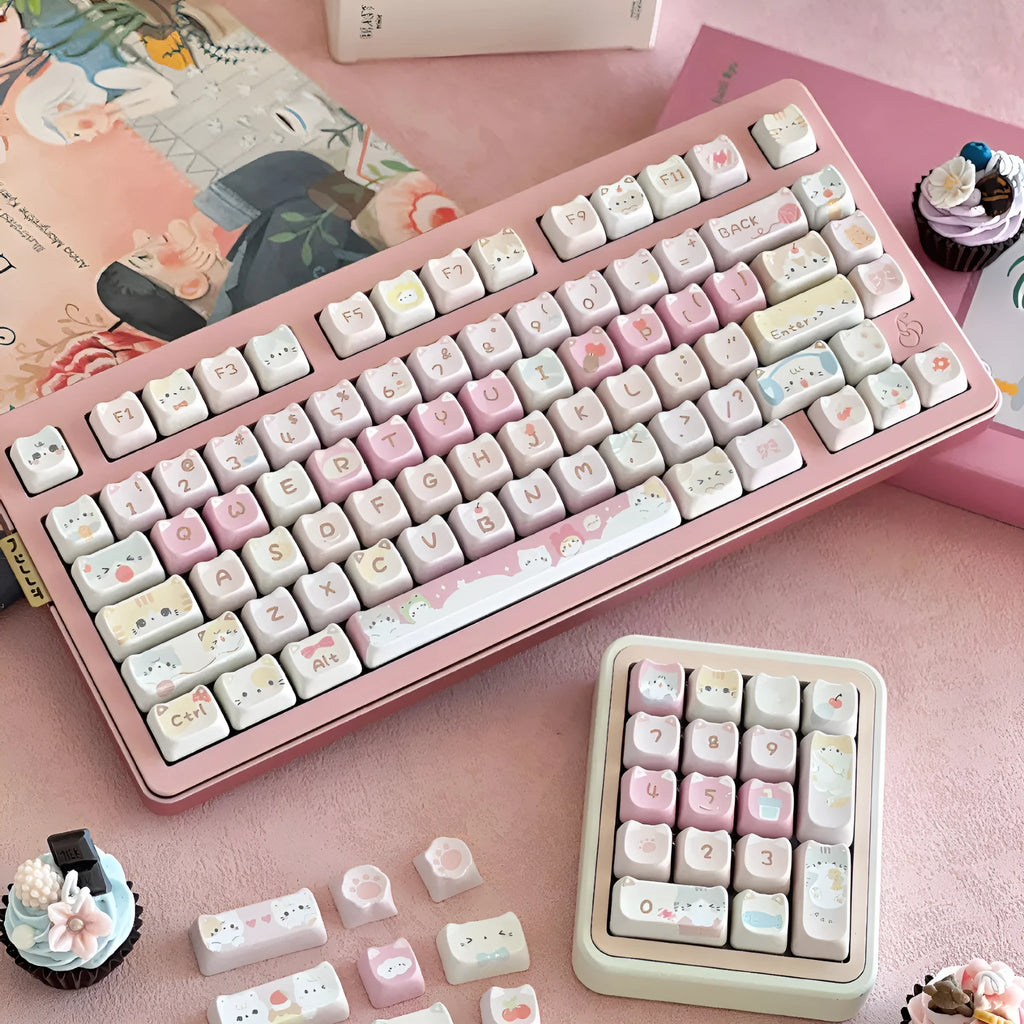 Meow Meow Team tall five-sided dye-sublimation 141-piece mechanical keyboard keycap set laid out.
