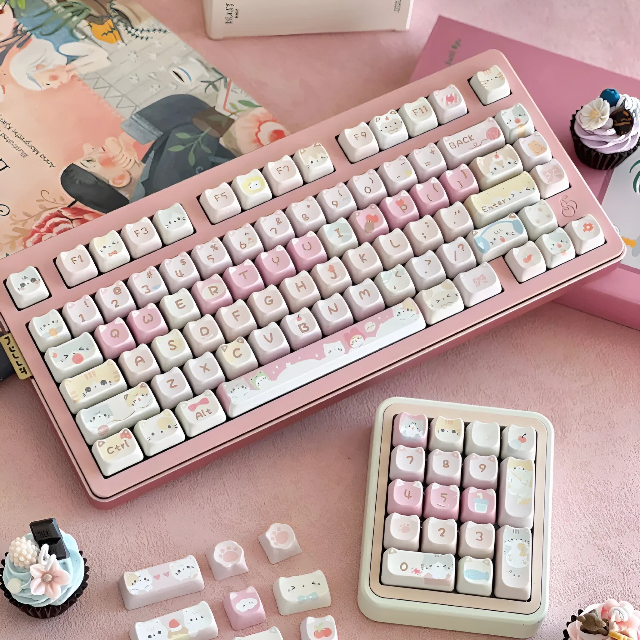 Meow Meow Team tall five-sided dye-sublimation 141-piece mechanical keyboard keycap set laid out.