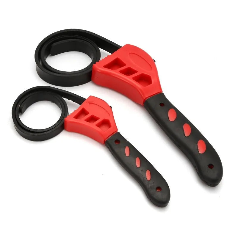 Two adjustable rubber strap wrenches, sizes 6 inch and 8 inch, with plastic handles and phosphated metal parts.