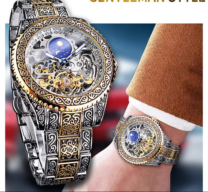 Forsining yellow skeleton tourbillon mechanical watch with stainless steel case and automatic movement
