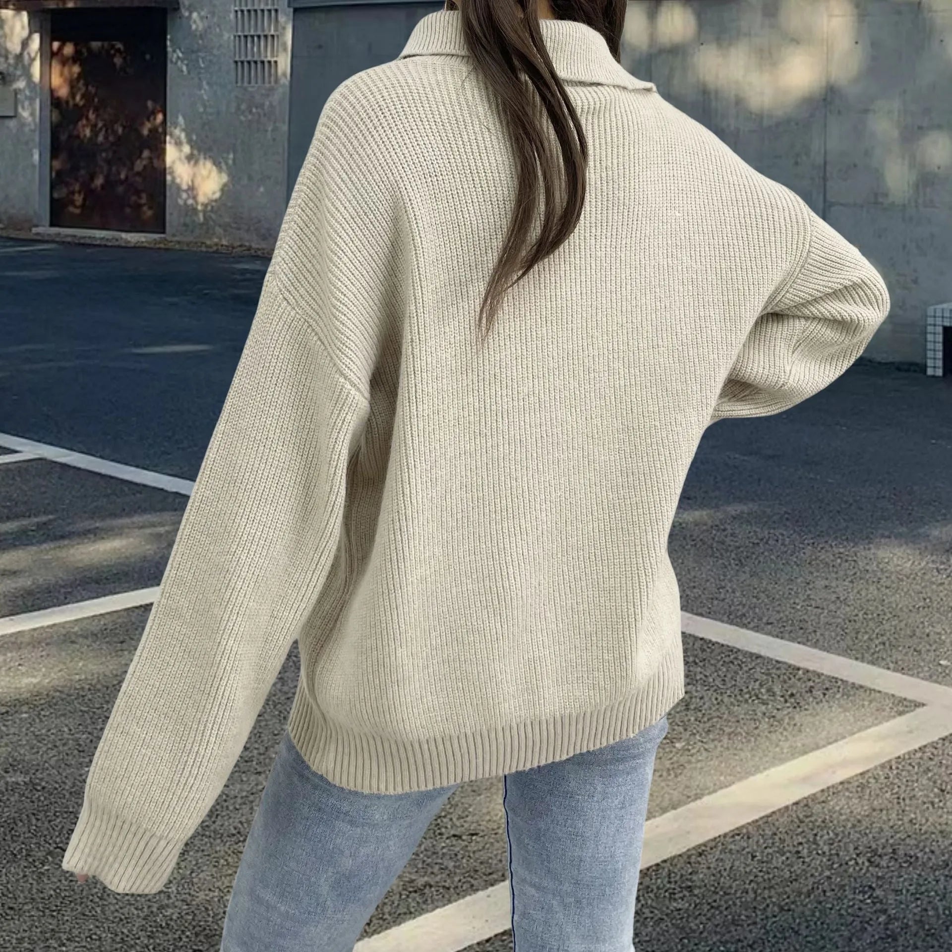 Women's retro alpaca wool pullover sweater with loose lapels and an oblique zipper in light khaki.