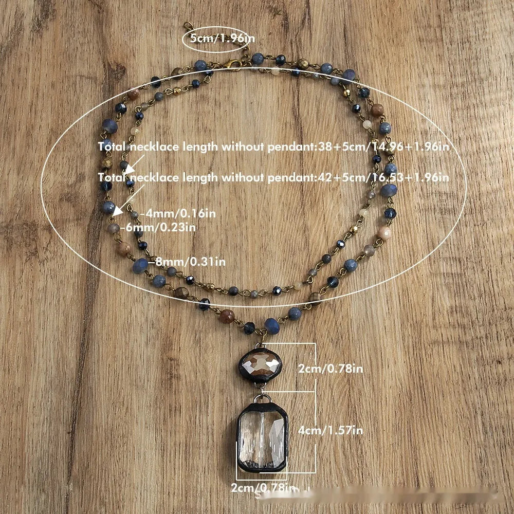 Two-layer tribal necklace with natural stone and glass pendant on adjustable chain