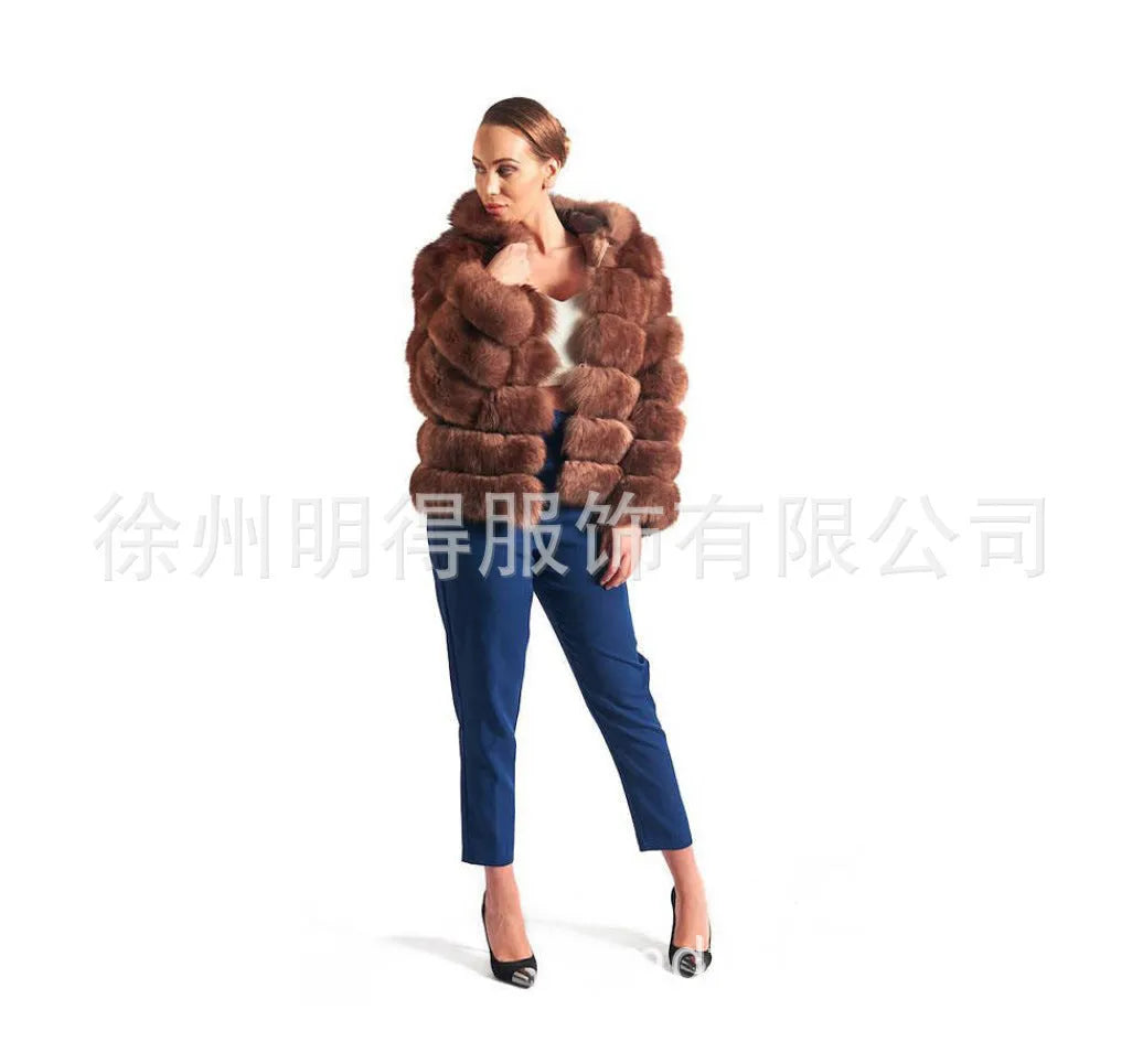Women's loose artificial fur coat with hood in brown and white silver fox colour options, shown at 65cm length.