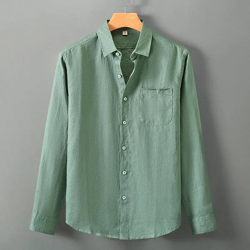 Long sleeve linen shirt in loose fit Chinese cardigan style available in seven colours