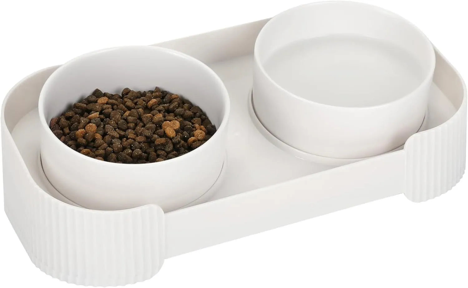 Ceramic elevated cat bowls with 15-degree tilted stand in green, white, or yellow colours