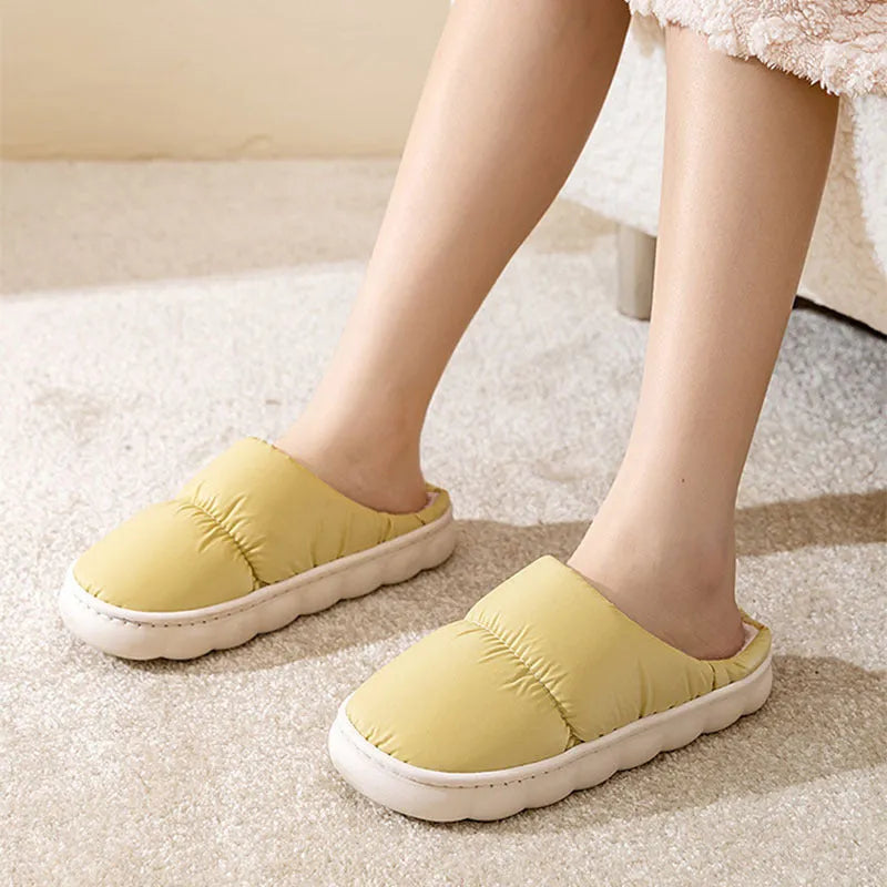 Down cotton slippers with thick rubber soles and artificial leather uppers in multiple colours