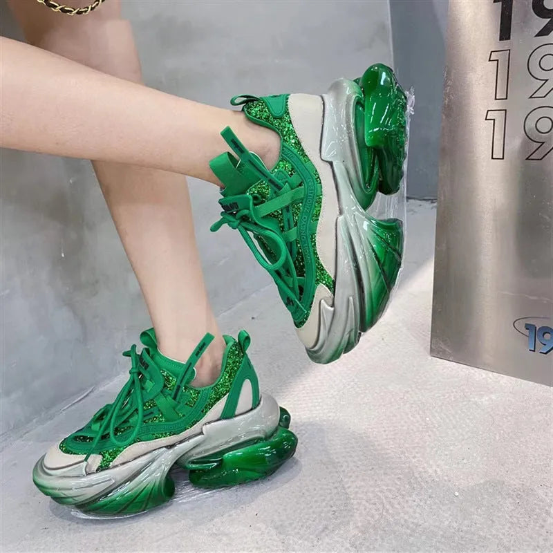 Women's leather sports shoes with thick jelly soles and cross-tie laces in multiple colours