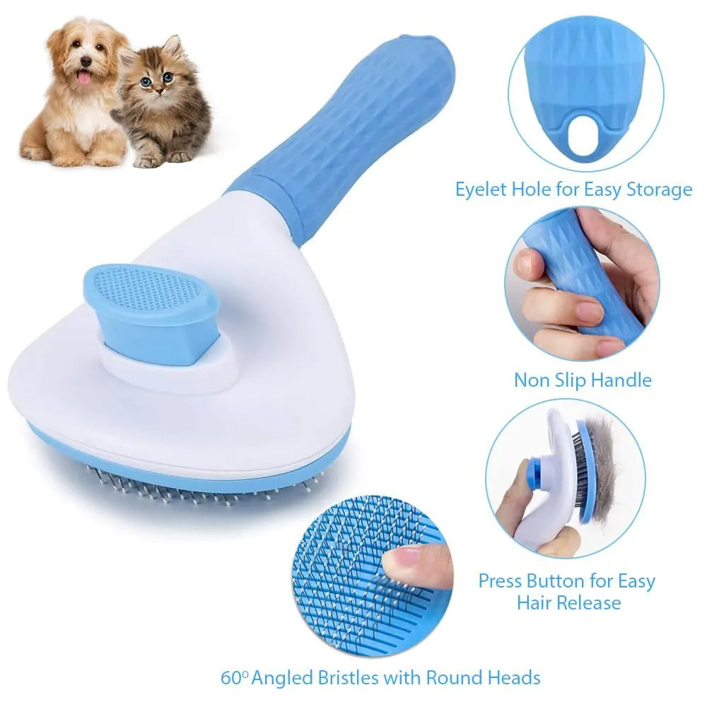 Cat grooming brush with release button in blue, grey, or pink colours for removing loose fur and tangles
