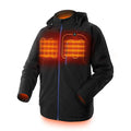 Black men's USB heated waterproof winter coat with straight hem and zipper pockets.