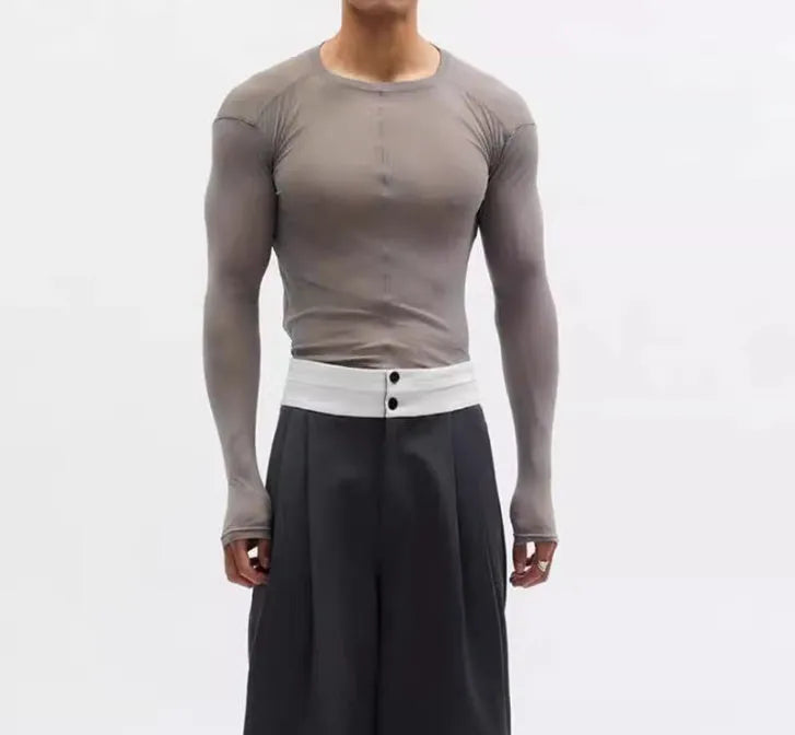Black slim-fit long sleeve PU pullover with a see-through mesh texture on a model.