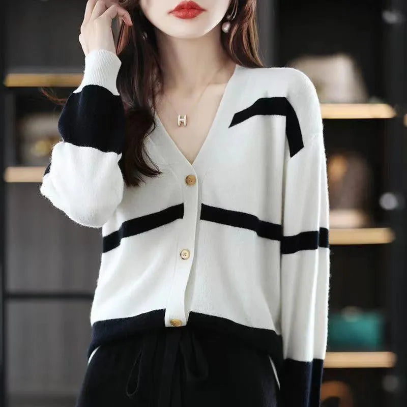 Women's 3D striped knitted cardigan with V-neck and buttons in black and white, green, camel, or black apricot.