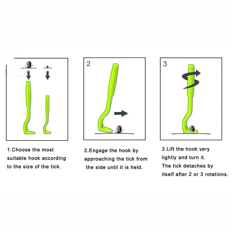 Three plastic tick removal hook tools for pet grooming in blue and green colours
