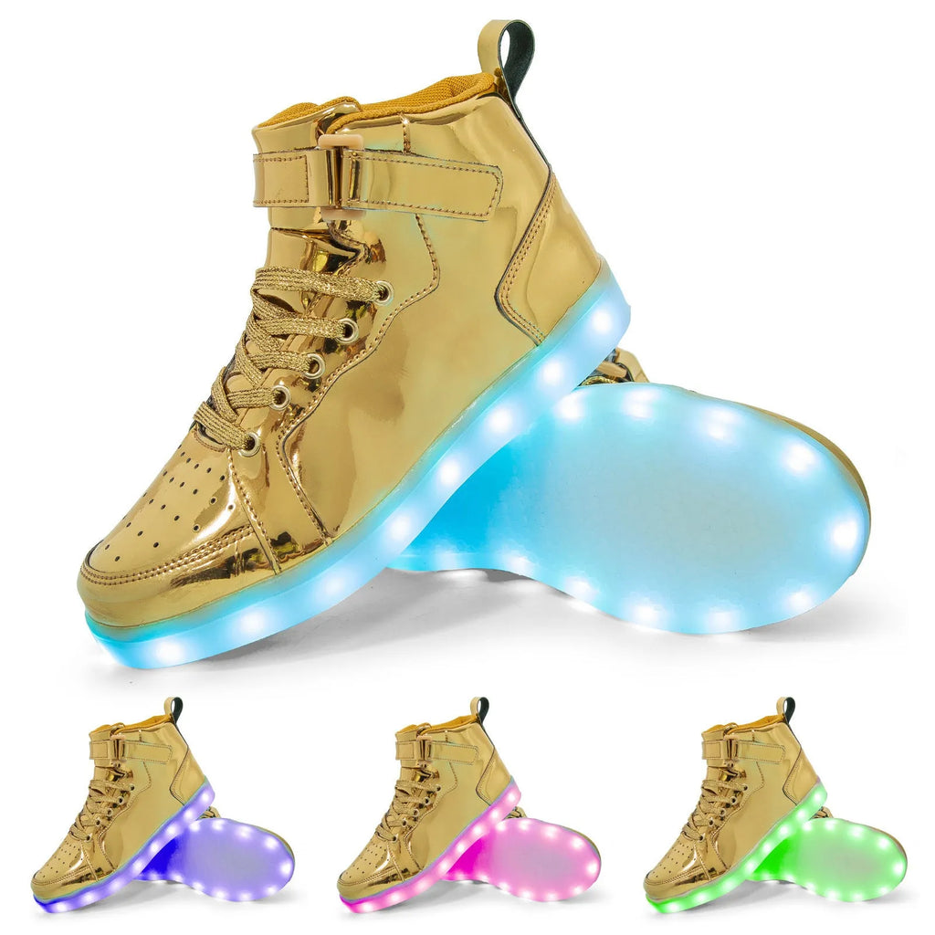 Pair of black high-top sneakers with illuminated LED lights and Velcro strap.