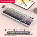 98-key wireless mechanical keyboard kit on a desk, showing white screen version with metal knob and lilac colour background.