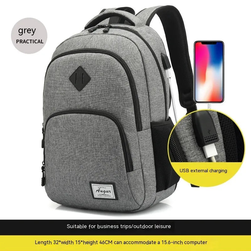 Grey and black lightweight backpack with USB charging port and trolley case attachment strap.