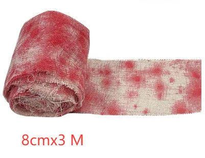 Red and white dyed bloody gauze bandage roll for Halloween costume horror prop decoration