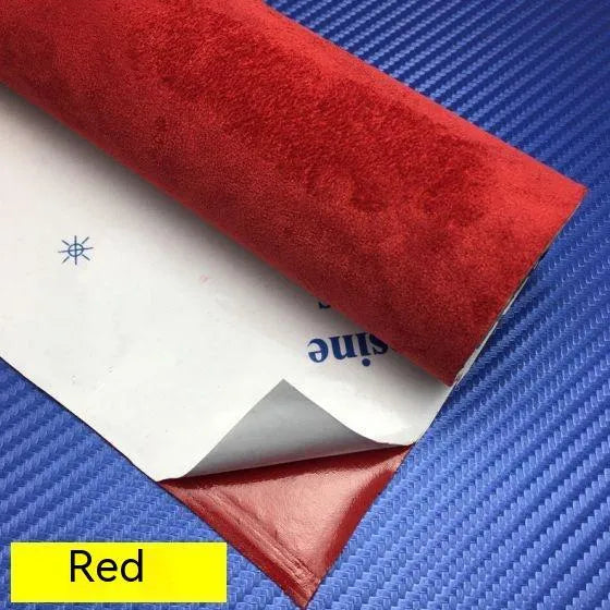 Self-adhesive suede fabric sheet in beige colour with adhesive backing visible, showing size options for interior decoration.