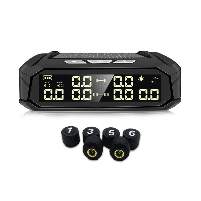 Solar external tyre pressure monitor for six tyres with colour LCD display and wireless sensors