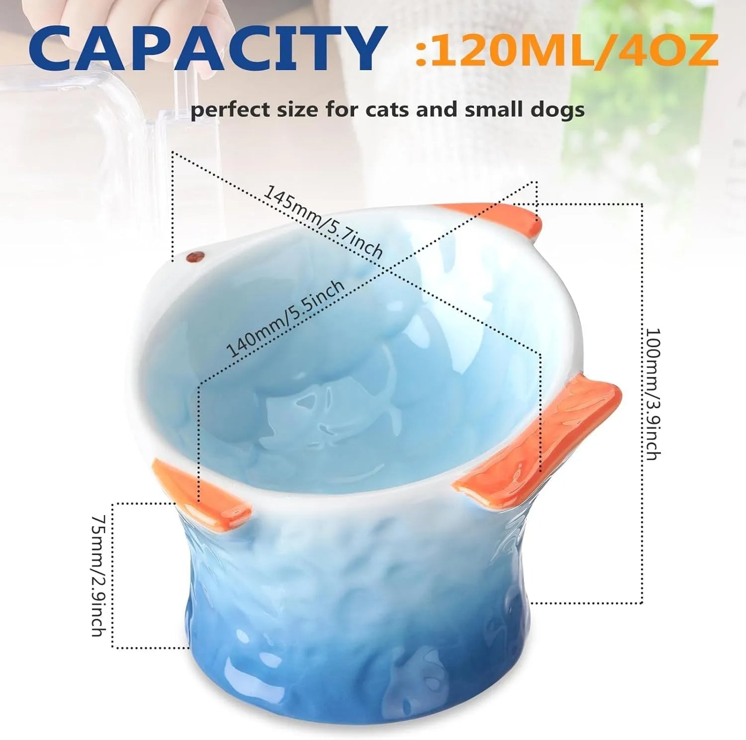 Blue fish-shaped ceramic cat bowl with 15-degree tilt angle and elevated design