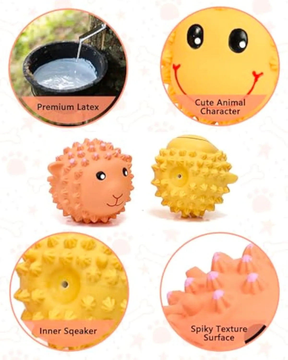 Orange and yellow spiky animal-shaped squeaky dog toys made from natural latex rubber