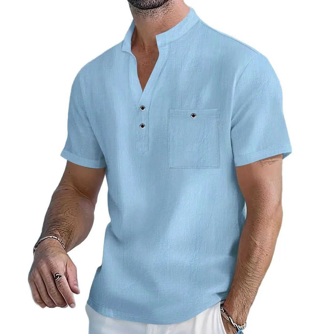 Men's linen blend stand collar short sleeve T-shirt in loose casual fit