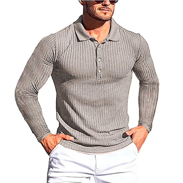 Man wearing a high elasticity slim knit summer shirt in a loose fit with short sleeves, shown in one of ten available colours.