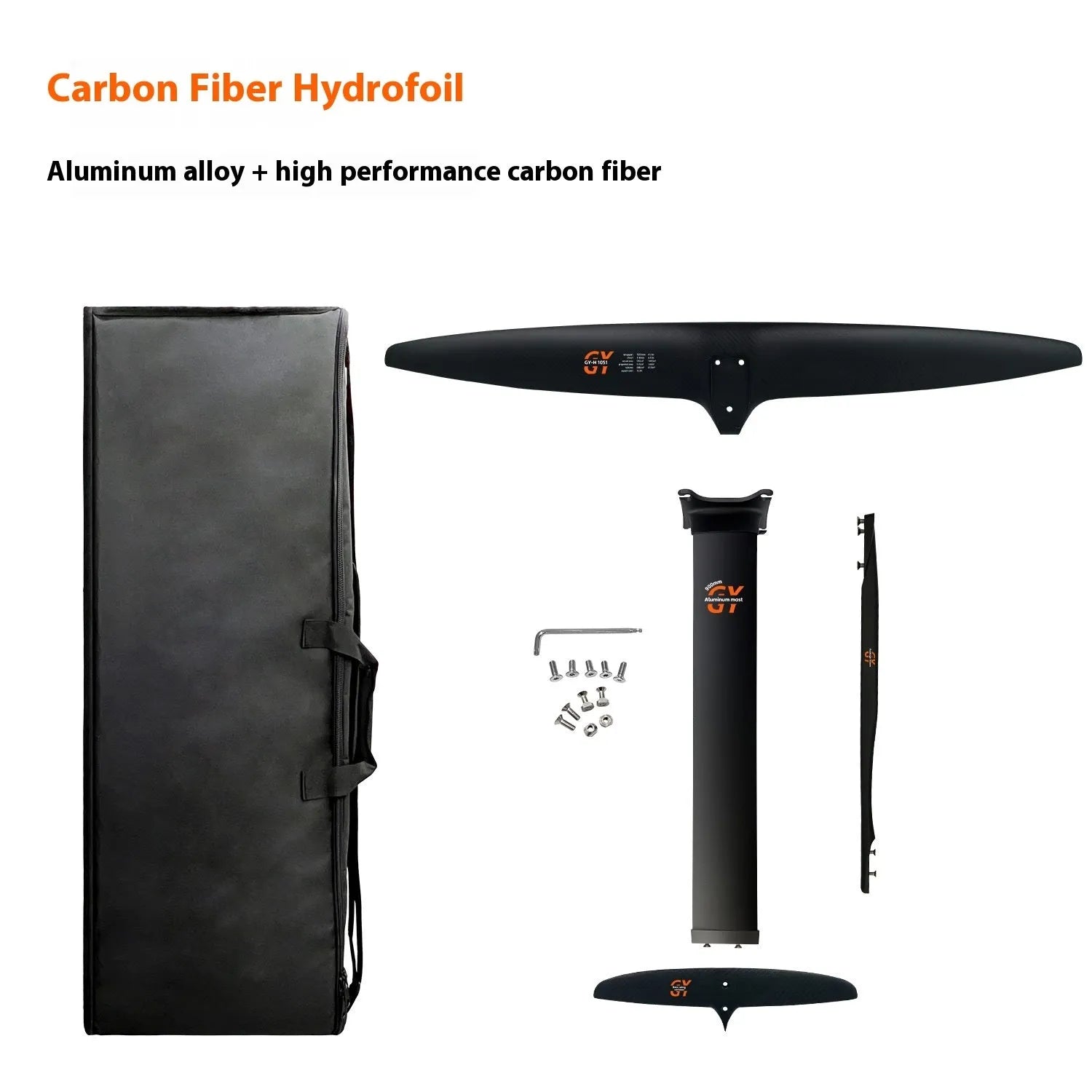 Black carbon fibre hydrofoil surfboard with aluminium alloy components for racing performance