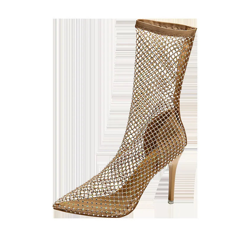 Gold women's pointed toe stiletto high heel sandals with mesh upper and oversleeve design