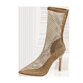 Gold women's pointed toe stiletto high heel sandals with mesh upper and oversleeve design