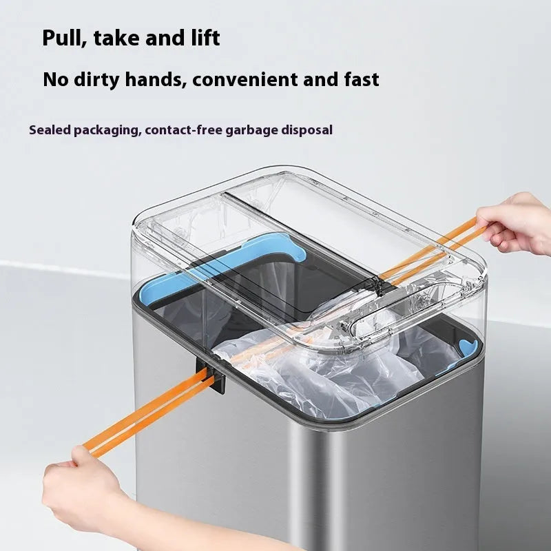 Stainless steel smart trash can with inductive lid and square shape on kitchen floor.