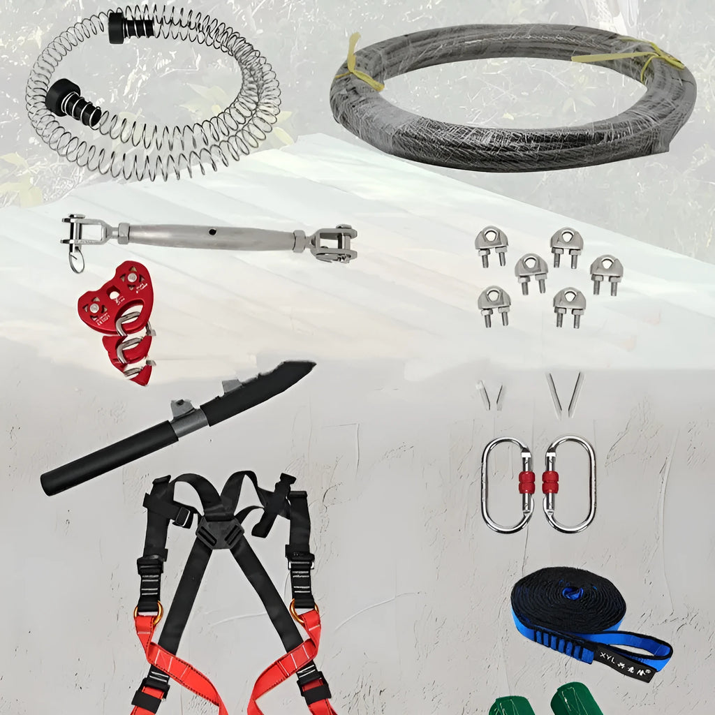XYL Ziptreck children's outdoor pulley slide rope kit with steel cable, handle, carabiners, and tree straps on a 10m reel.